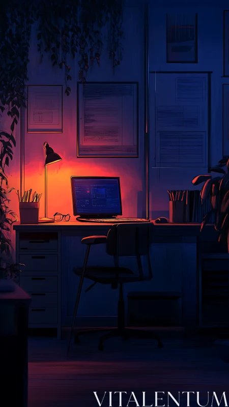 Programmer desk in nocturnal workspace, warm-cool lighting contrast.