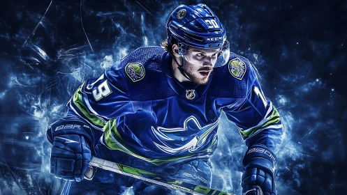 Intense ice hockey player in blue jersey on glowing rink.