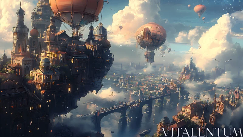 Floating steampunk city with airships over river landscape