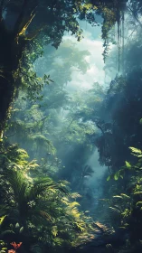 Mystical forest canyon with luminous canopy and misty depths.