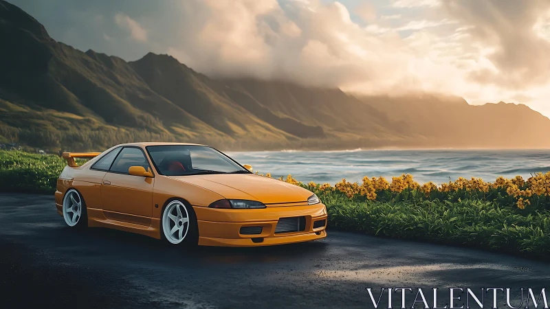 Golden sports car resting by a calm ocean road at sunset.