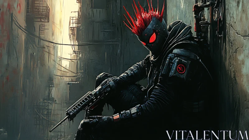 Cyberpunk enforcer crouches in decayed neon alleyway.