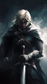 Brooding silver knight grips sword in stormlit shadow.