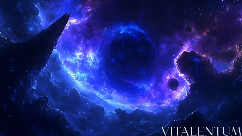 Vivid cosmic vortex swirling through deep blue nebula.