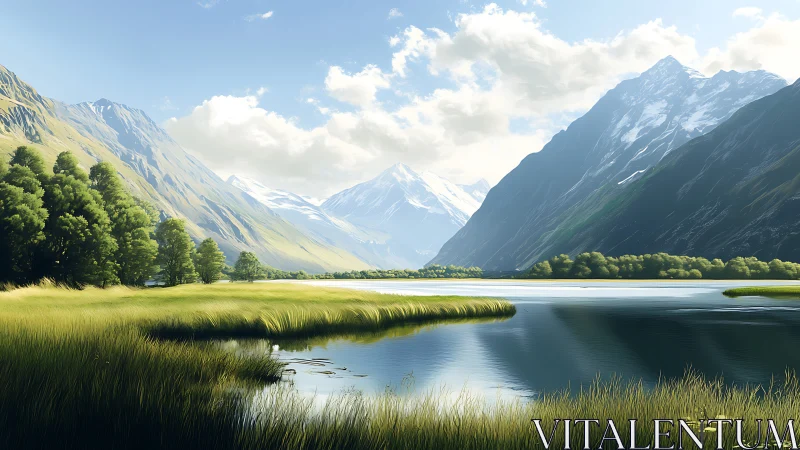 Alpine glacial lake with grass marsh and snow capped peaks