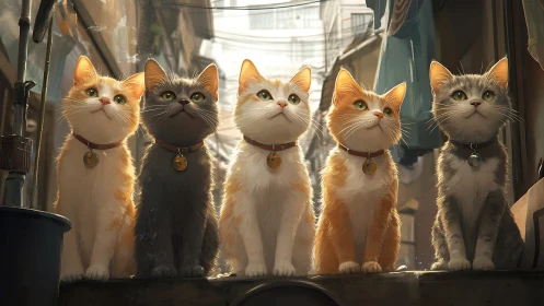 Five Cats in Alley: White, Orange, Black Varieties