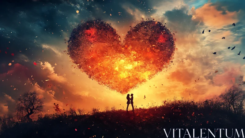 Silhouetted figures observe burning heart formation in dramatic sky