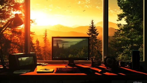 Desktop workstation faces forested mountains at sunset