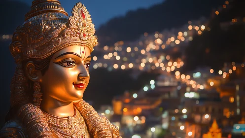 Golden Hindu goddess statue at night with city lights.