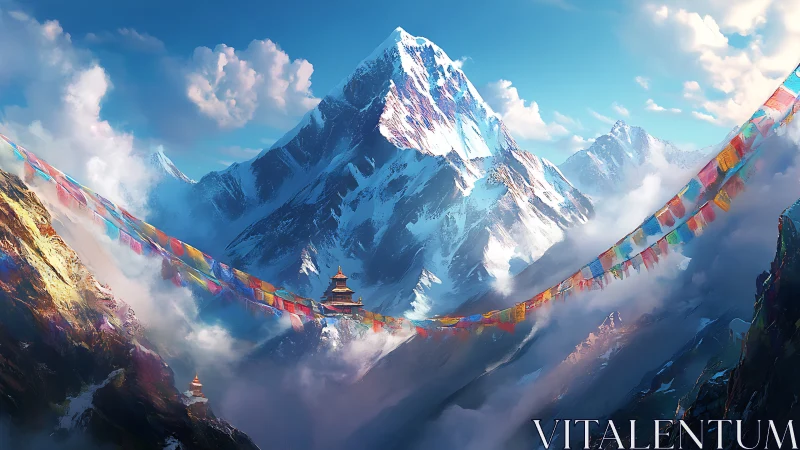 Prayer flags kissing the sky above a dreaming mountain peak.