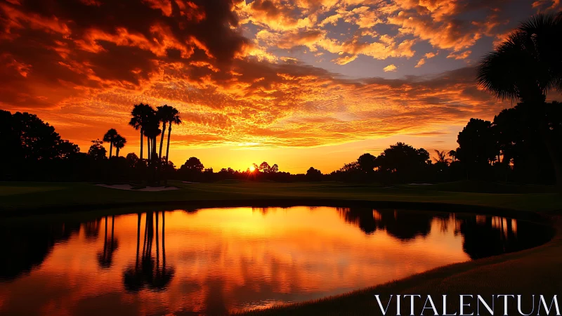 Palm silhouettes across mirrored lake at vivid orange sunset.