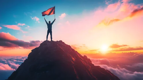Silhouette with flag on rocky summit at colorful sunrise.