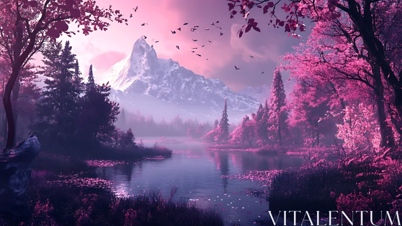 Iridescent alpine lake landscape renders surreal magenta forest