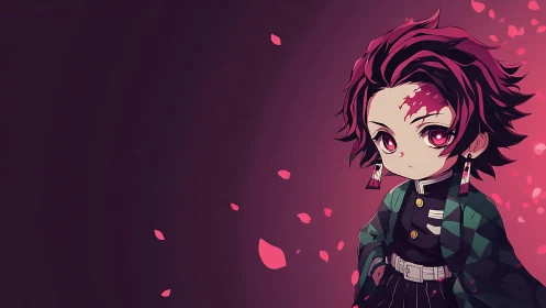 Chibi anime character with patterned cloak and petals background.