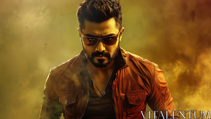 Stylized portrait of man in sunglasses and brown jacket.