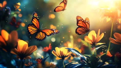 Sunlit butterflies drifting through a dreamy flower meadow.