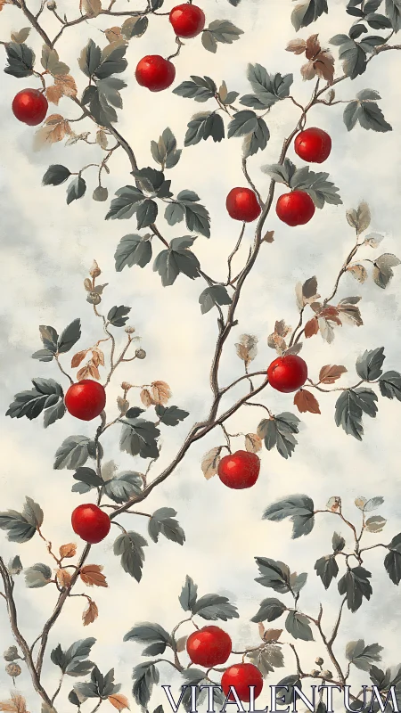Apple branches with painterly foliage against soft skyfield.
