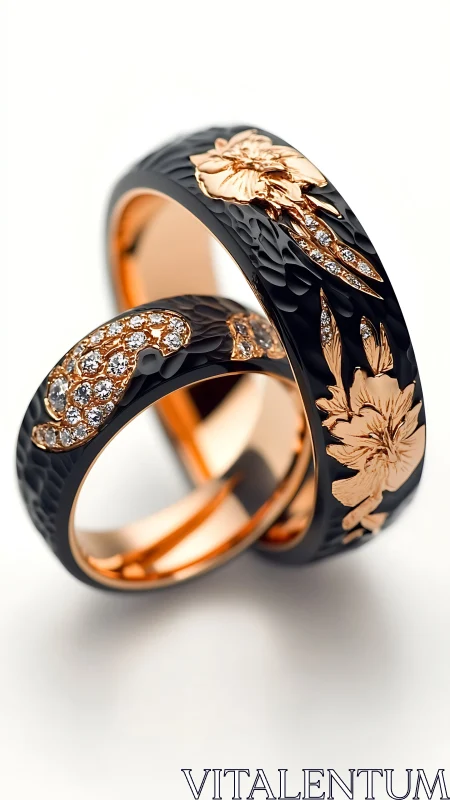 Black ceramic and rose gold floral rings with pavé diamonds