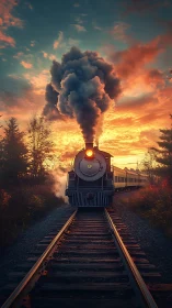 Golden hour steam train rolling into a storybook sunset.