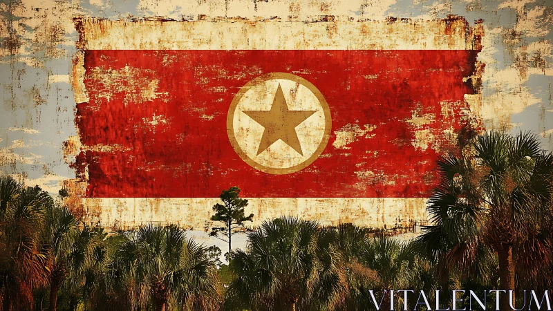 Weathered North Korea flag over subtropical palm forest.