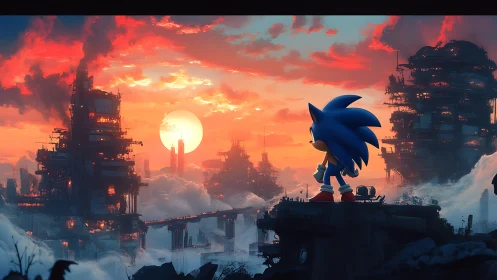 Bold blue hero gazes over a glowing sunset sci fi city
