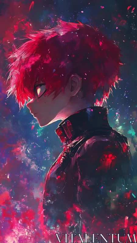 Profile view of red haired anime figure in abstract field.