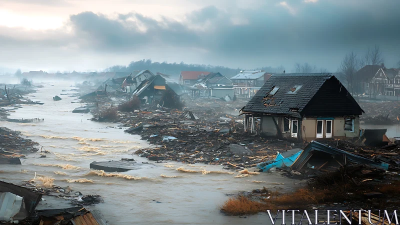 Storm‑ravaged riverside town in murky, debris‑choked floodwaters.