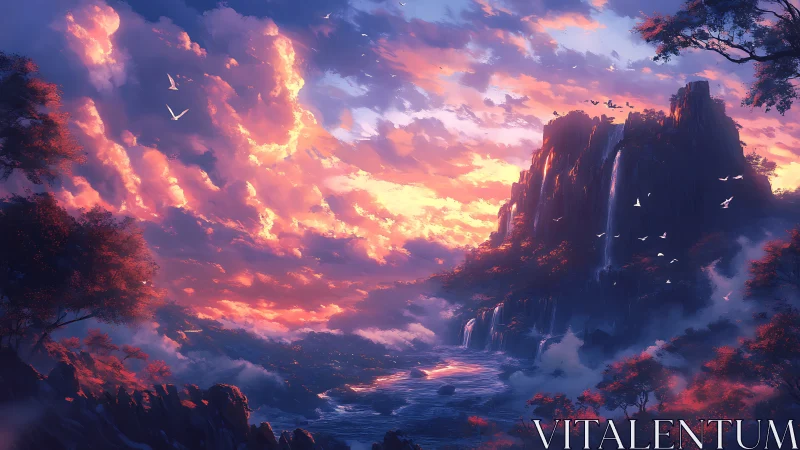 Digital landscape shows mountains, waterfalls and dense clouds