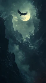Raptor silhouette crossing full moon above dark rocky chasm.