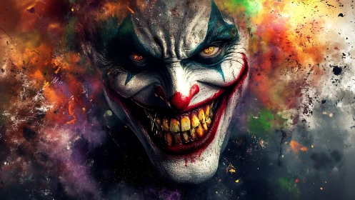 Intense clown portrait glowing with chaotic color energy.