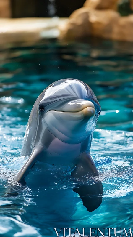 Bottlenose dolphin emerges vertically from clear pool water