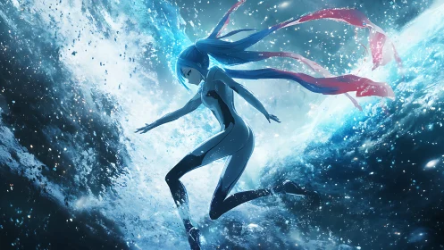 Cyan-haired diver slices cosmic surf with scarlet ribbons.