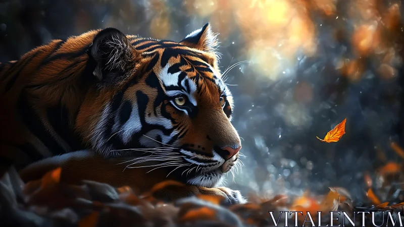 Majestic tiger rests in dreamy forest light as a leaf drifts