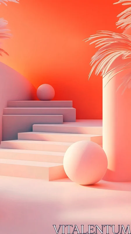 Geometric pastel staircase with floating spheres and palms.