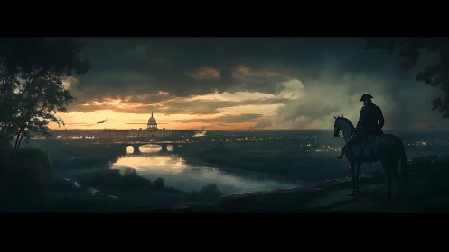 Silhouetted rider observes illuminated city across river