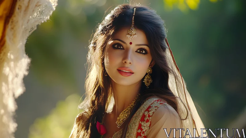 Woman in traditional attire poses outdoors in soft sunlight