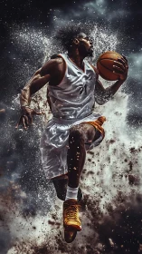 Soaring basketball star frozen in a powerful midair leap.