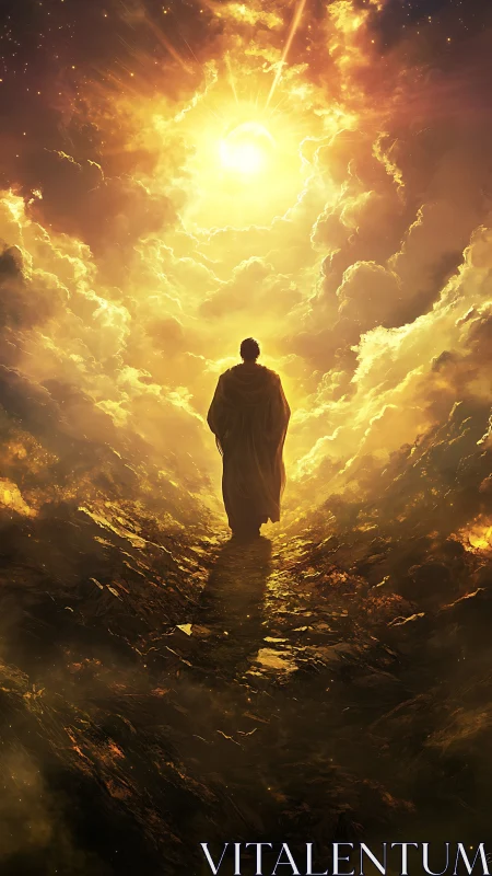 Solitary robed figure ascends toward radiant celestial vortex