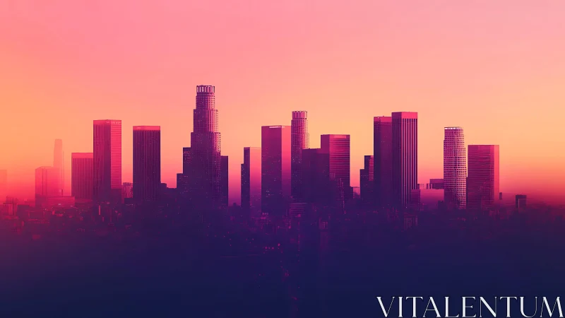 Urban high-rise skyline under gradient sunset light.