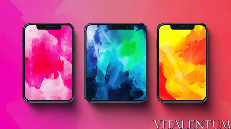 Three bezel-edged smartphones display abstract color gradients
