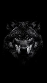 Monochrome wolf portrait with dramatic low key lighting.