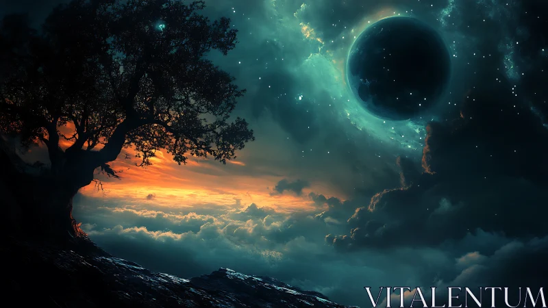 Solitary tree on ridge under large planet and clouded sky.