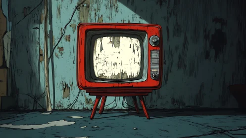 Red retro television glows inside decayed industrial room
