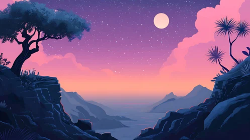 Moonlit canyon coast under soft violet twilight glow.