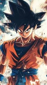 Energetic anime warrior amid explosive particle turbulence.