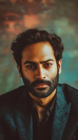 Intense male portrait framed by painterly blurred bokeh tones.