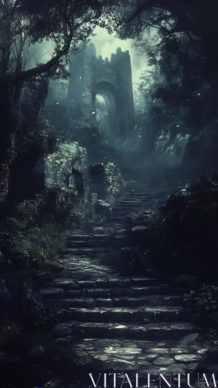 Moody digital painting of ruined forest stair and tower.
