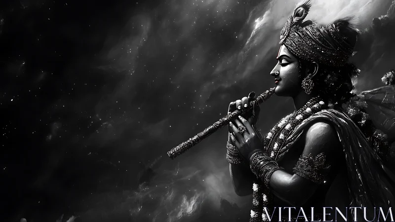 Divine flute player in ornate attire against starry sky.