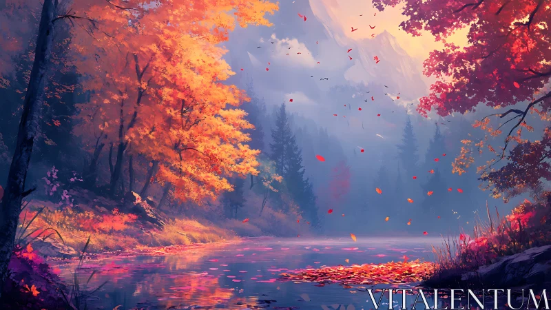 Autumn river valley renders atmospheric depth with layered foliage