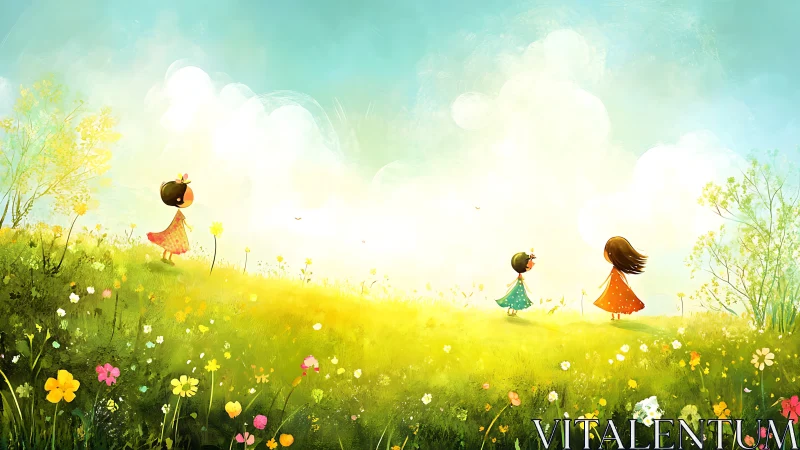 Children Playing in Spring Meadow with Yellow Flowers.